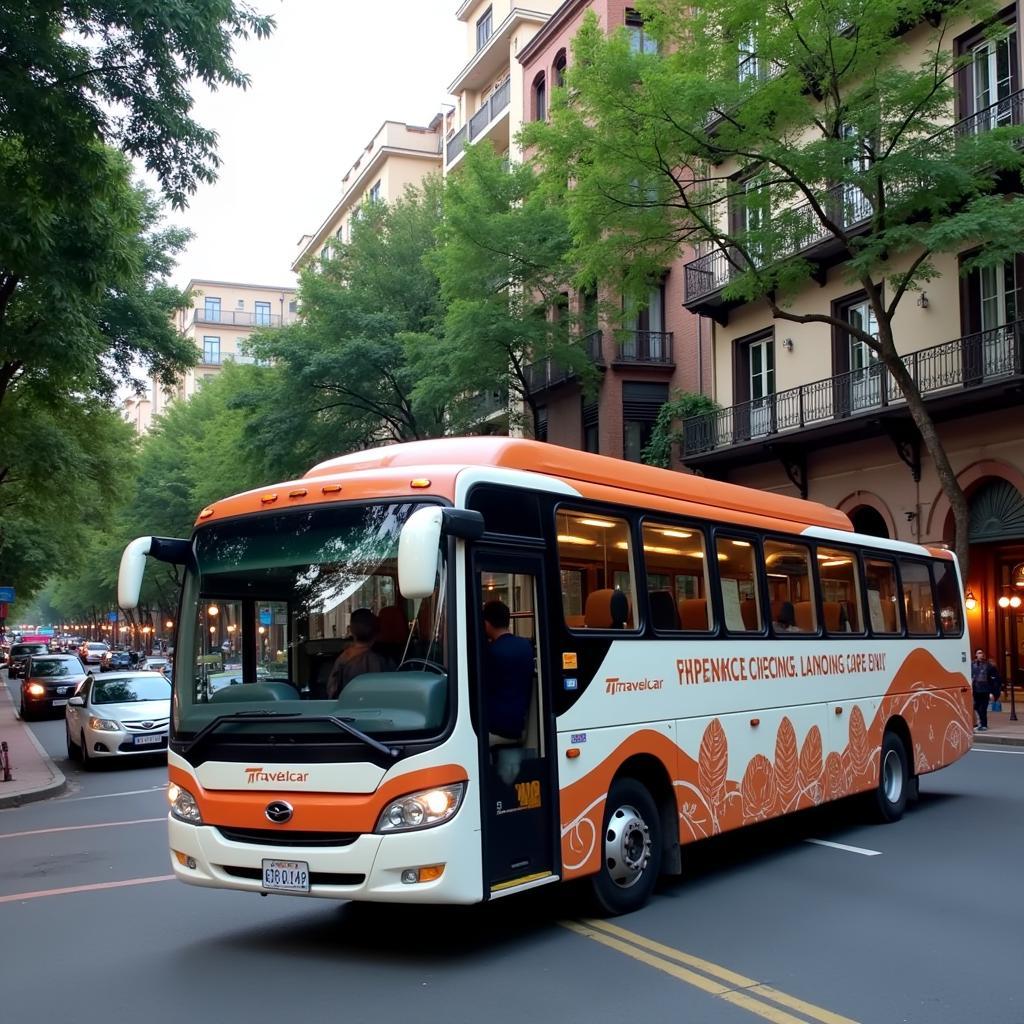 TRAVELCAR bus navigating the busy streets of Hanoi