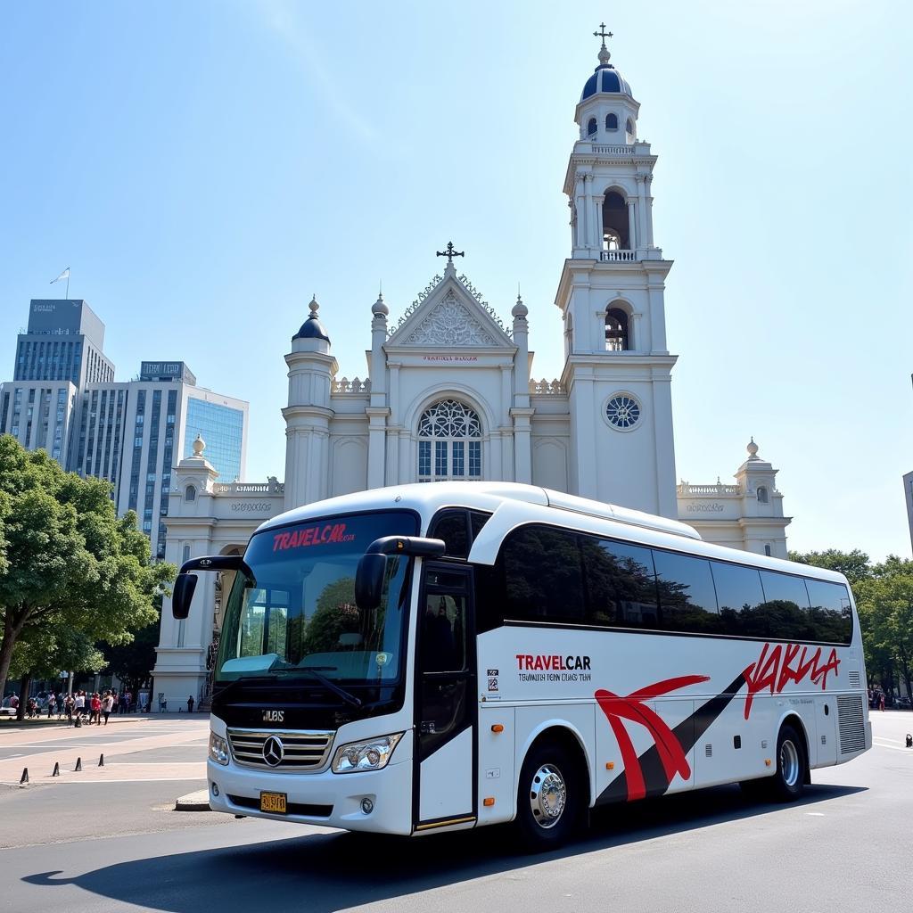 TRAVELCAR bus parked in front of a Ho Chi Minh City landmark