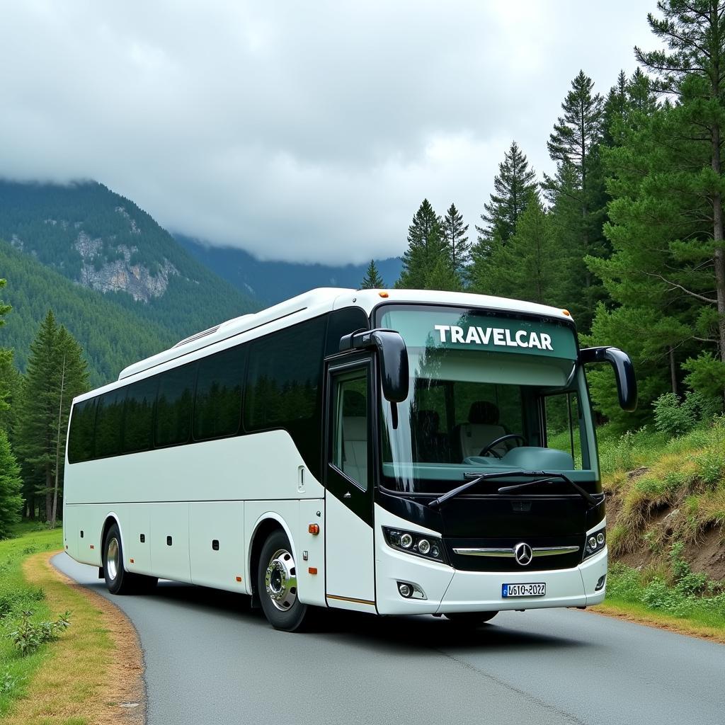 A modern, comfortable TRAVELCAR bus parked amidst the scenic beauty of Mang Den