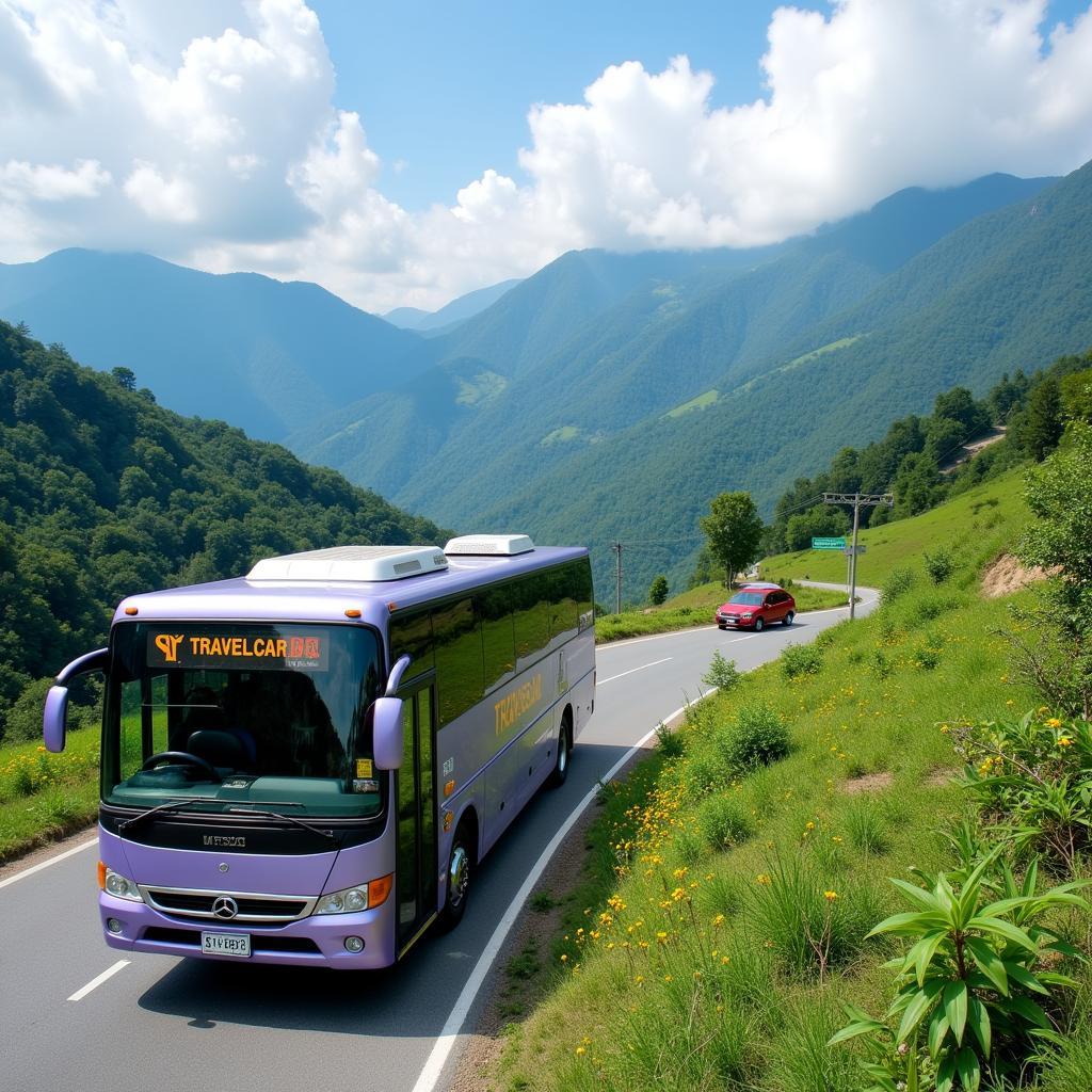 TRAVELCAR bus driving through the scenic landscapes of Moc Chau