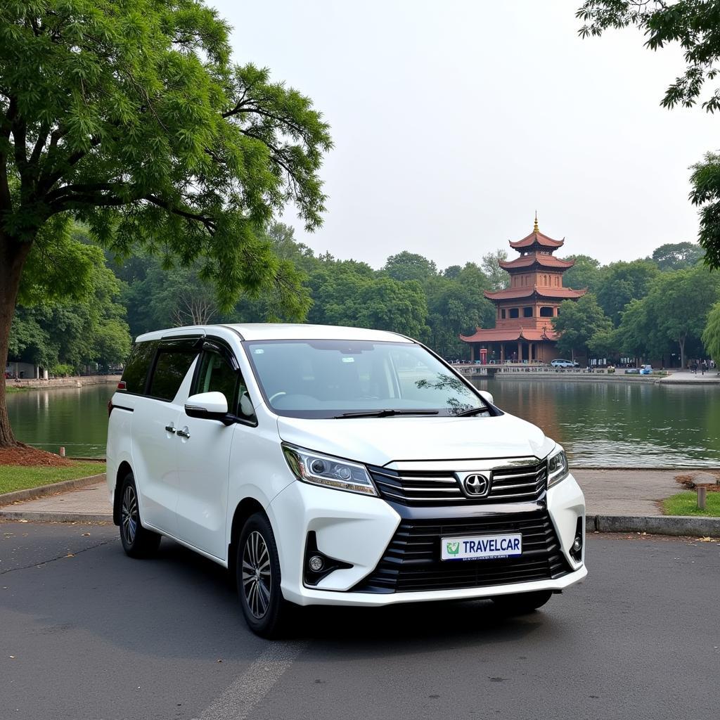 A TRAVELCAR vehicle parked in front of a scenic Hanoi landmark, showcasing the company's transportation services.