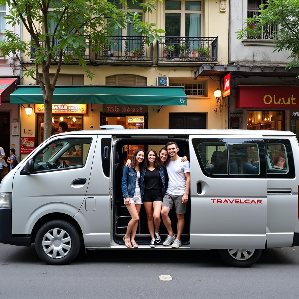 TRAVELCAR Hanoi Food Tour: A group of tourists exploring Hanoi's bustling streets in a comfortable TRAVELCAR van, ready to discover the city's culinary delights.