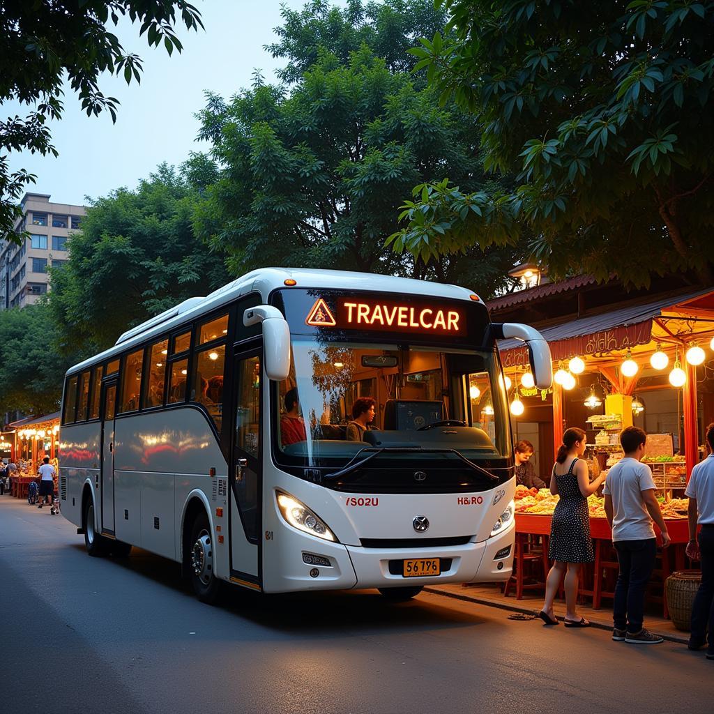 A TRAVELCAR bus parked in front of a bustling Hanoi street food market, ready to take tourists on a culinary adventure.