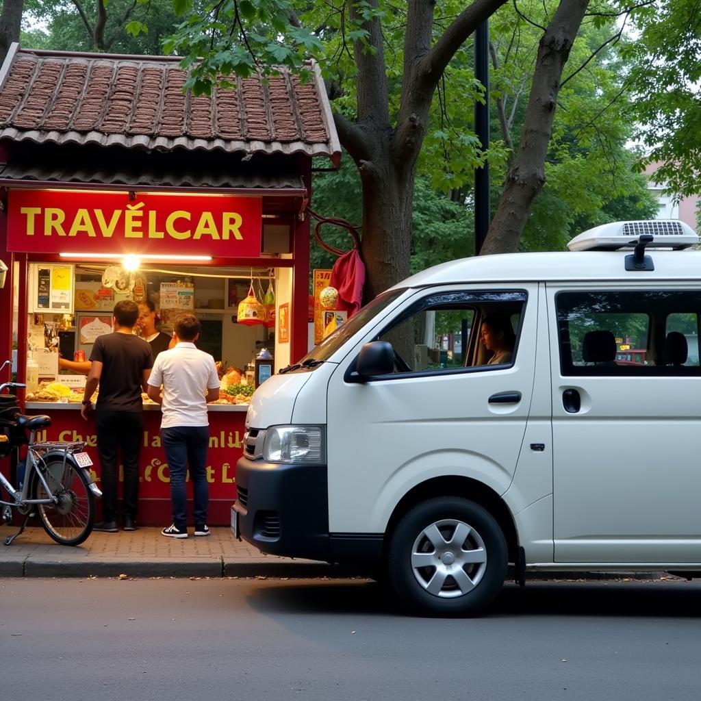 A TRAVELCAR vehicle parked near a Hanoi street food stall, ready to take tourists on a culinary tour.