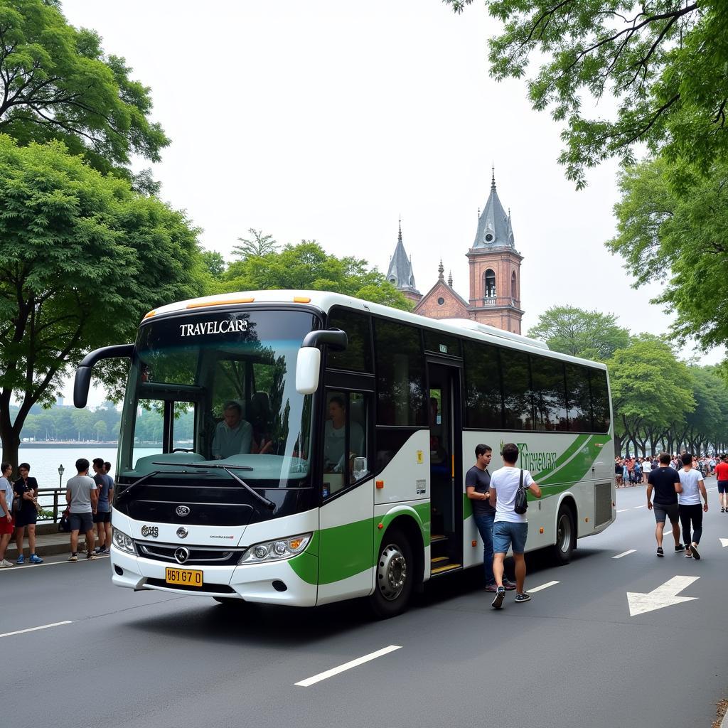 TRAVELCAR bus in front of a Hanoi landmark