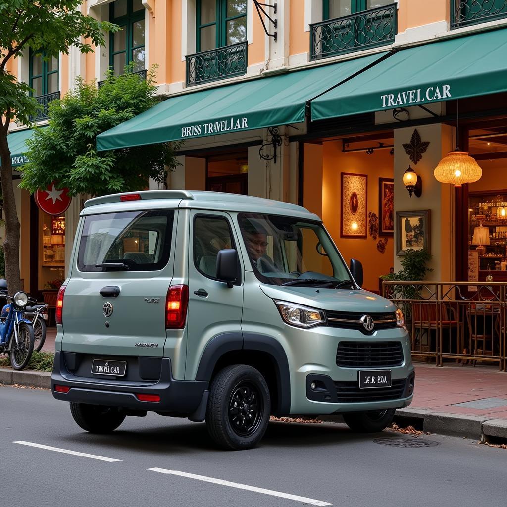 A TRAVELCAR vehicle parked in front of a bustling Hanoi street.