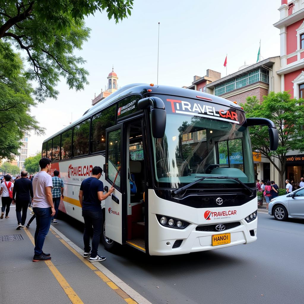 A TRAVELCAR bus parked near a popular tourist attraction in Hanoi.