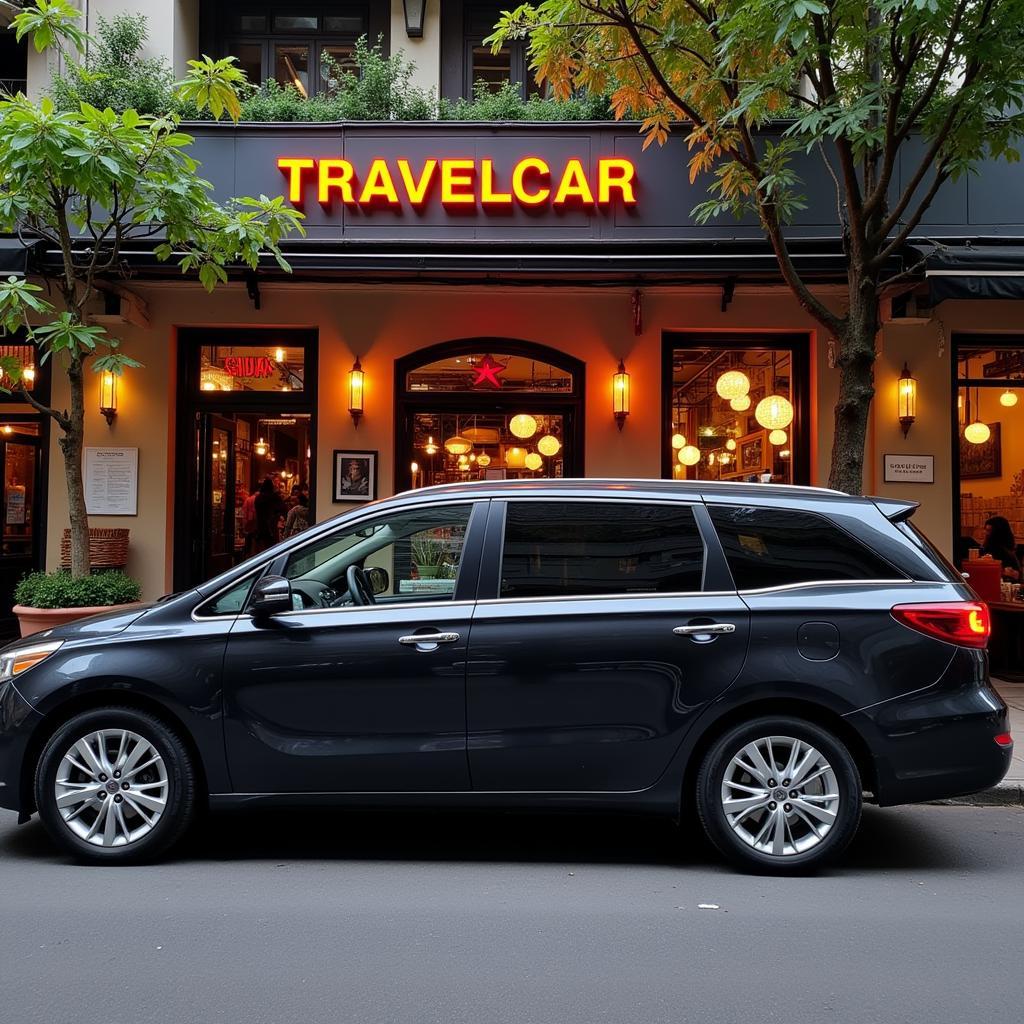 A TRAVELCAR vehicle parked near a popular Hanoi restaurant, highlighting the convenient transportation options for exploring the city's culinary scene.