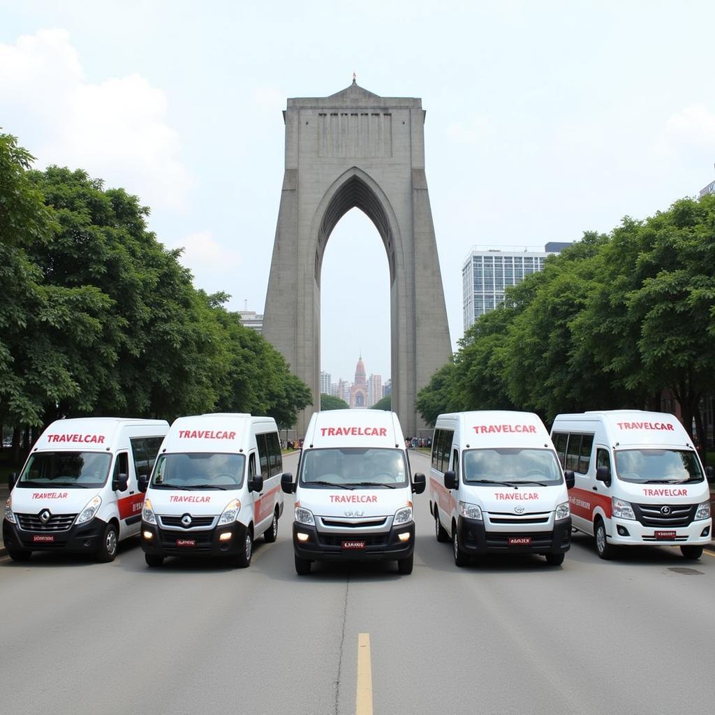 TRAVELCAR vehicles parked in front of a Hanoi landmark.