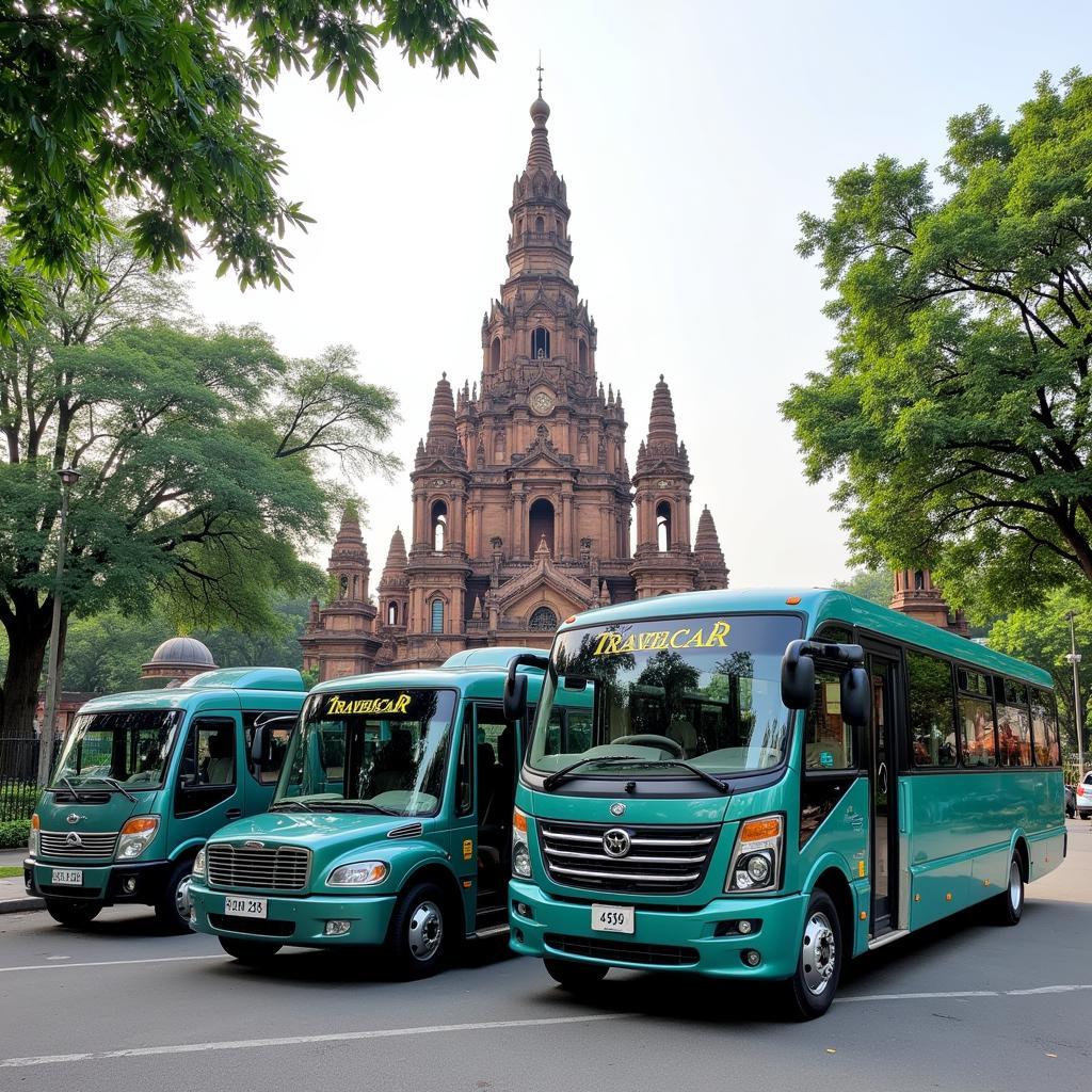 TRAVELCAR vehicles parked near a Hanoi landmark.