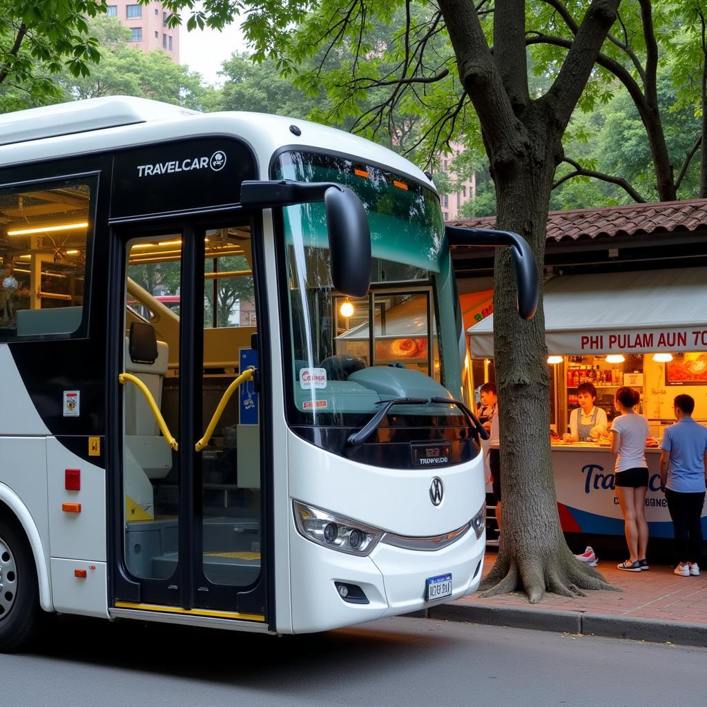 TRAVELCAR Hanoi Transport: A comfortable TRAVELCAR bus parked in front of a bustling Hanoi street, ready to take tourists on a culinary adventure.