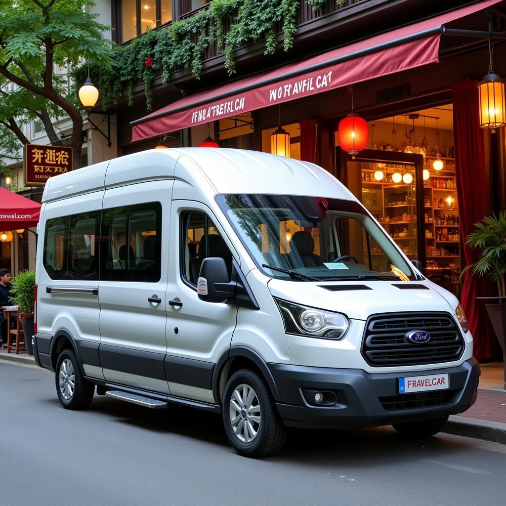 A TRAVELCAR van parked in front of a Hanoi restaurant.