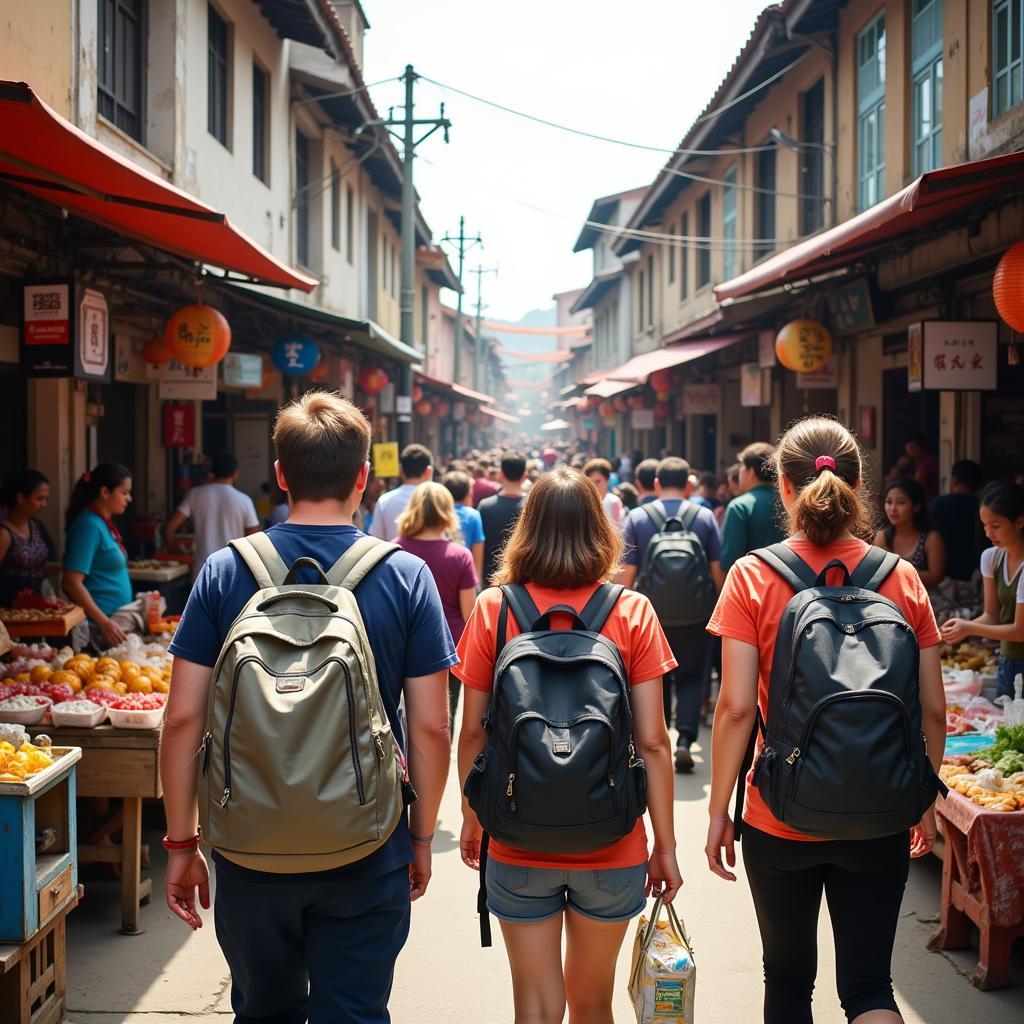 Travelers Exploring a Busy Street Market