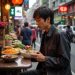 Trung Ruoi enjoying Hanoi street food