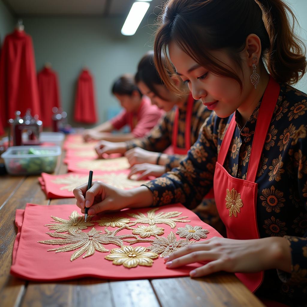 Artisans working on intricate hand-embroidery at Van Phuc Silk Village, demonstrating the traditional techniques passed down through generations.