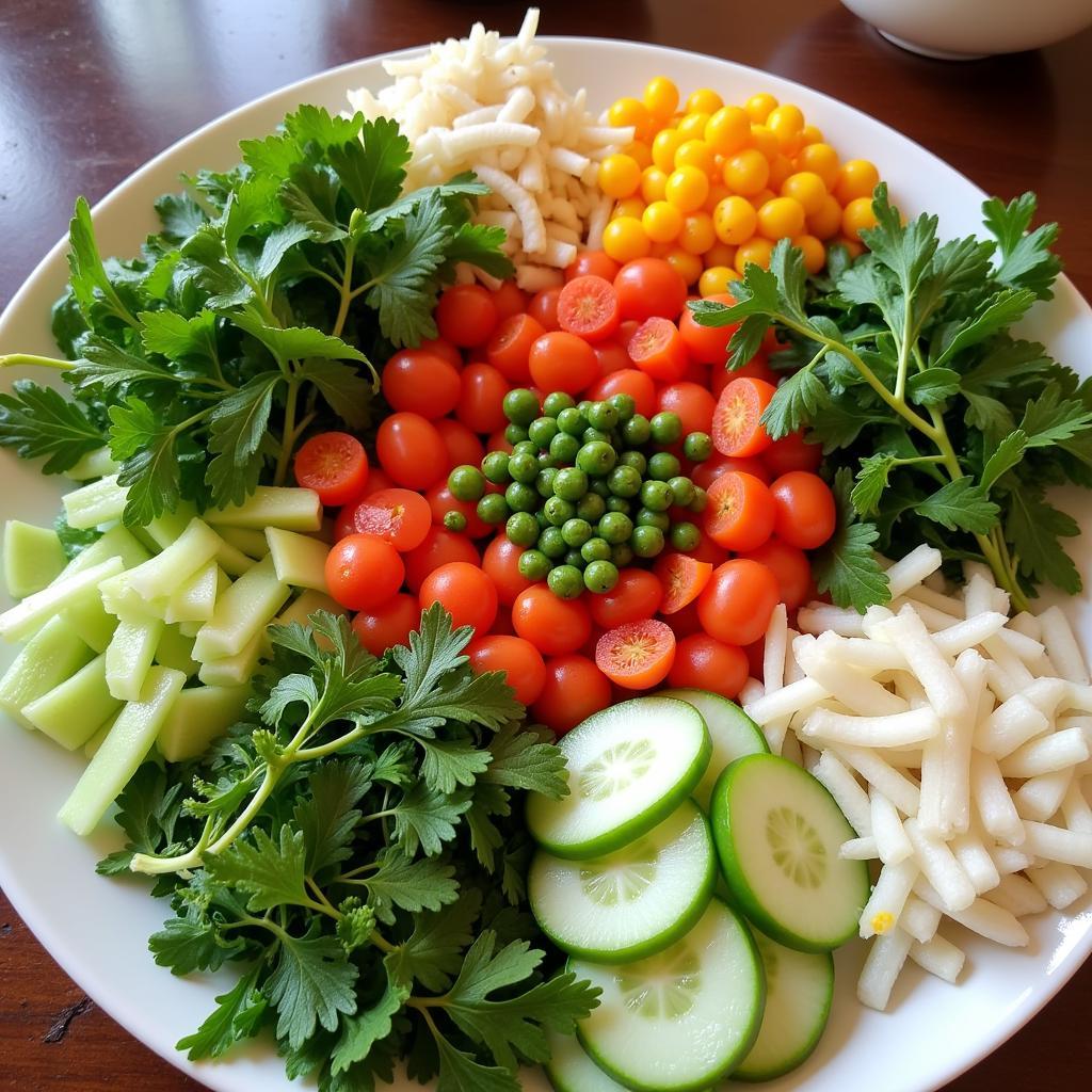 A Colorful Platter of Vegetables and Herbs for Mực Nhúng Mẻ