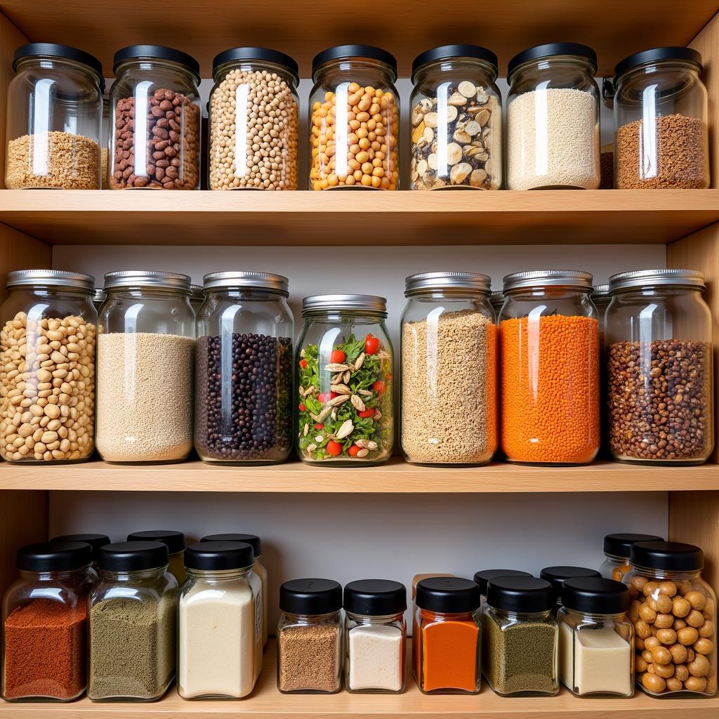 Vegetarian Pantry Essentials: Dried beans, lentils, grains, nuts, and spices.