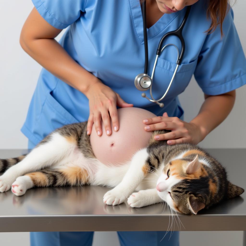 Veterinarian examining a pregnant cat