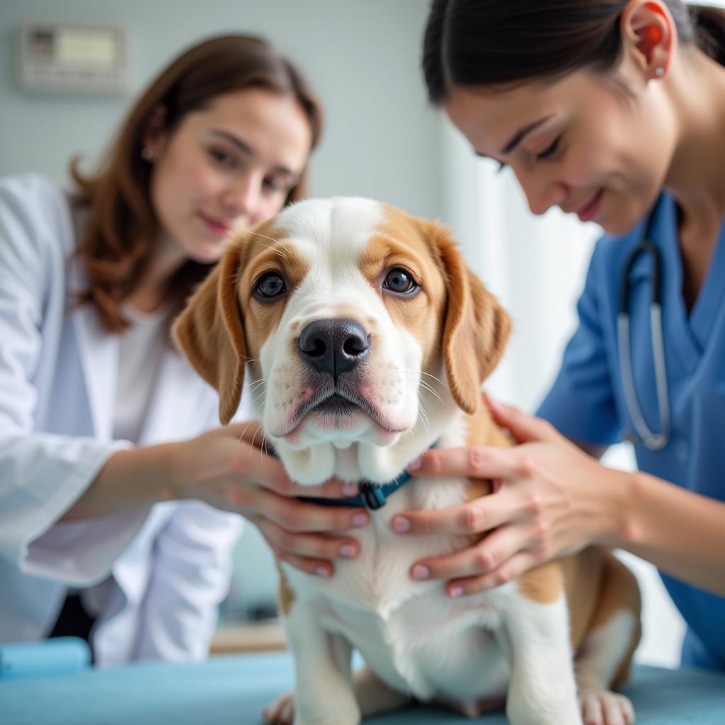 A veterinarian carefully examining a puppy