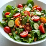 Vibrant salad with nuts and seeds, featuring mixed greens, cherry tomatoes, cucumber, bell peppers, and a sprinkle of nuts and seeds.