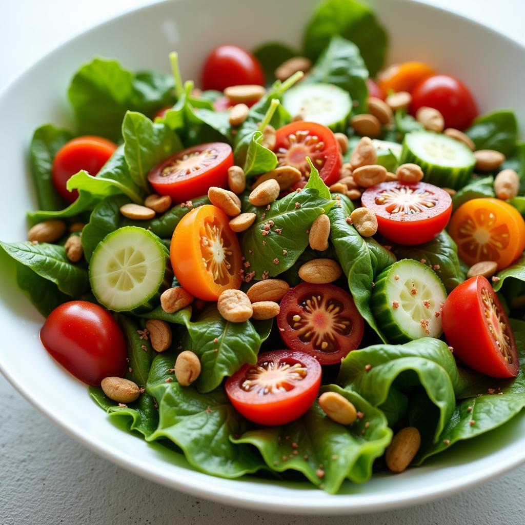 Vibrant salad with nuts and seeds, featuring mixed greens, cherry tomatoes, cucumber, bell peppers, and a sprinkle of nuts and seeds.