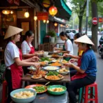 Vietnamese street food breakfast scene in Hanoi