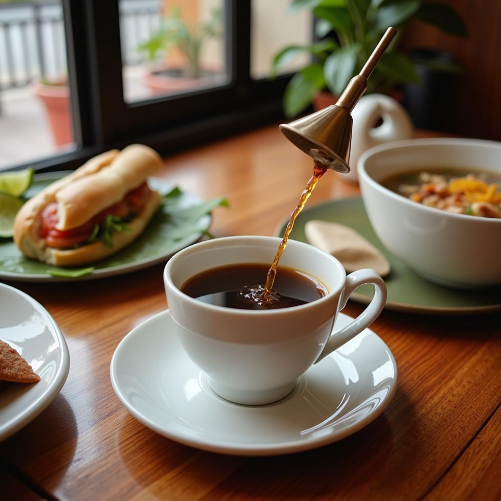 Vietnamese coffee alongside a breakfast spread