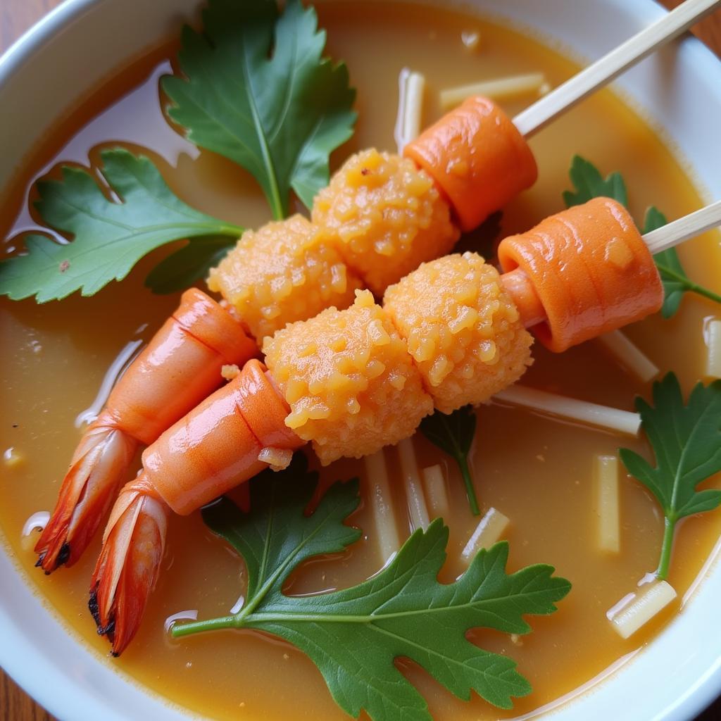 Vietnamese Crab and Jute Soup with Grilled Shrimp Paste on Sugarcane