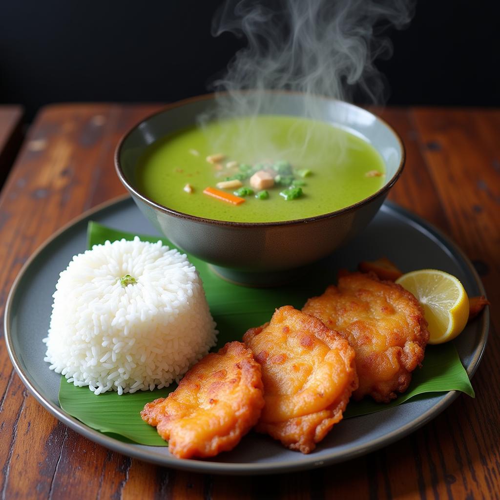 Vietnamese Crab and Jute Soup with Steamed Rice and Fried Fish