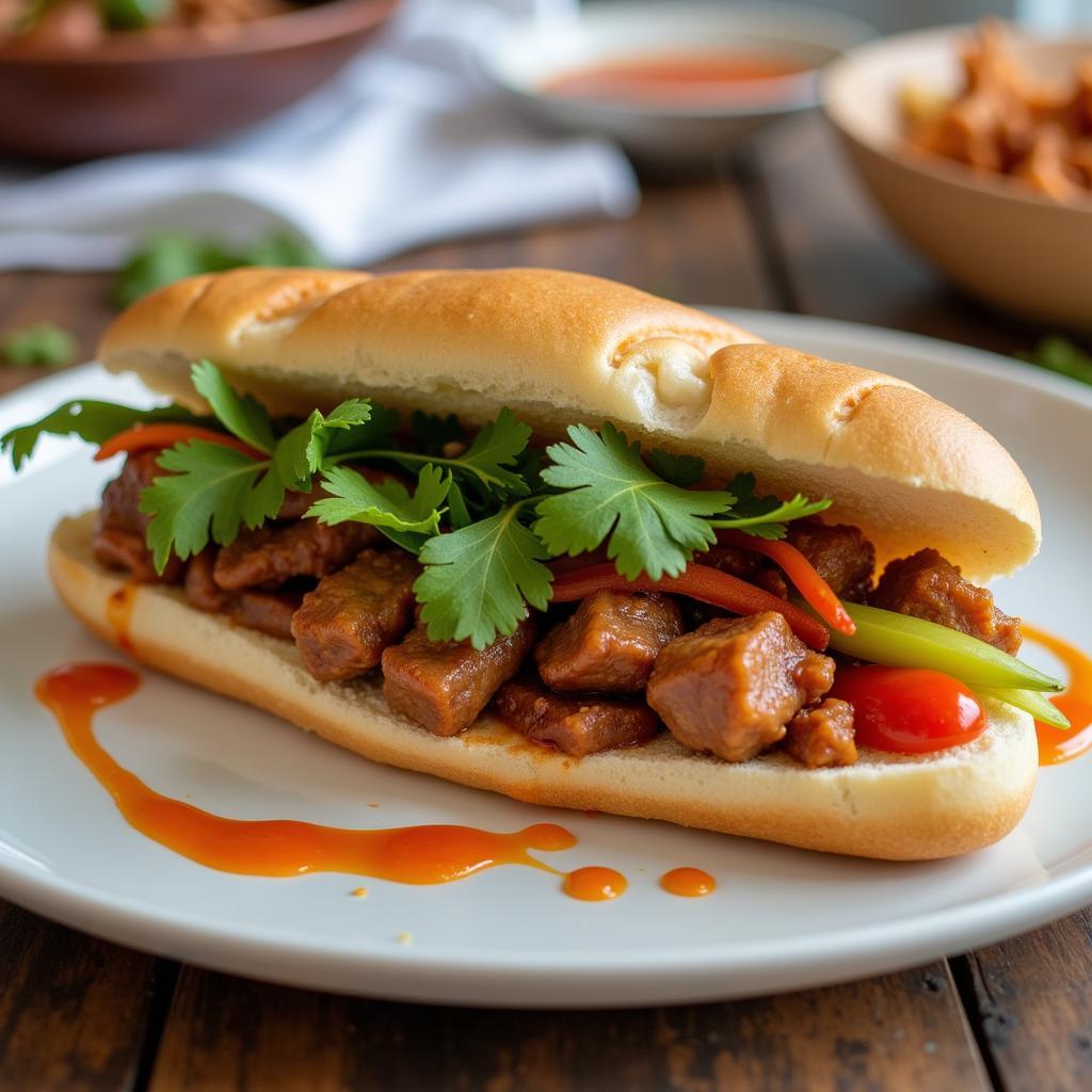 A close-up shot of a delicious banh mi sandwich, showcasing the fresh ingredients and crispy baguette.