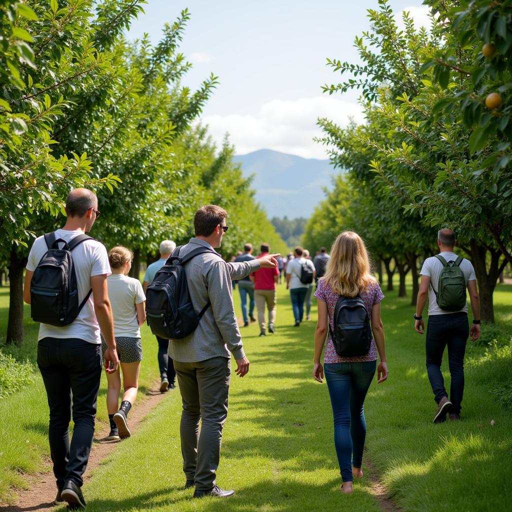 Tourists enjoying a guided tour through a Vinh Long fruit orchard, learning about different fruit varieties.