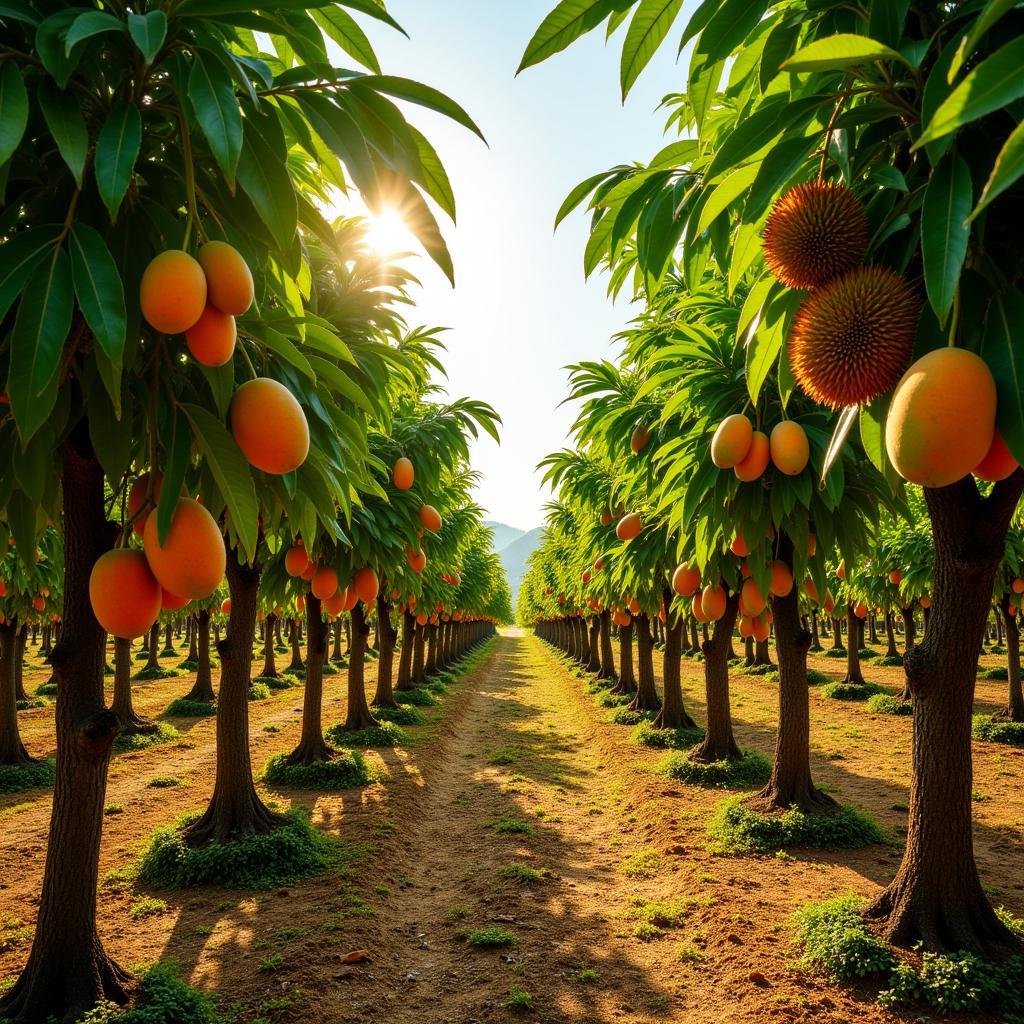 Vinh Long fruit orchard filled with ripe tropical fruits like mangoes, rambutan, and durian.