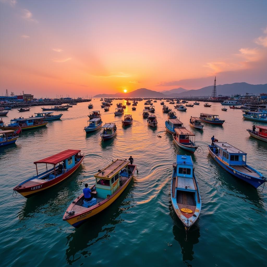 Colorful fishing boats returning to shore in Vung Tau