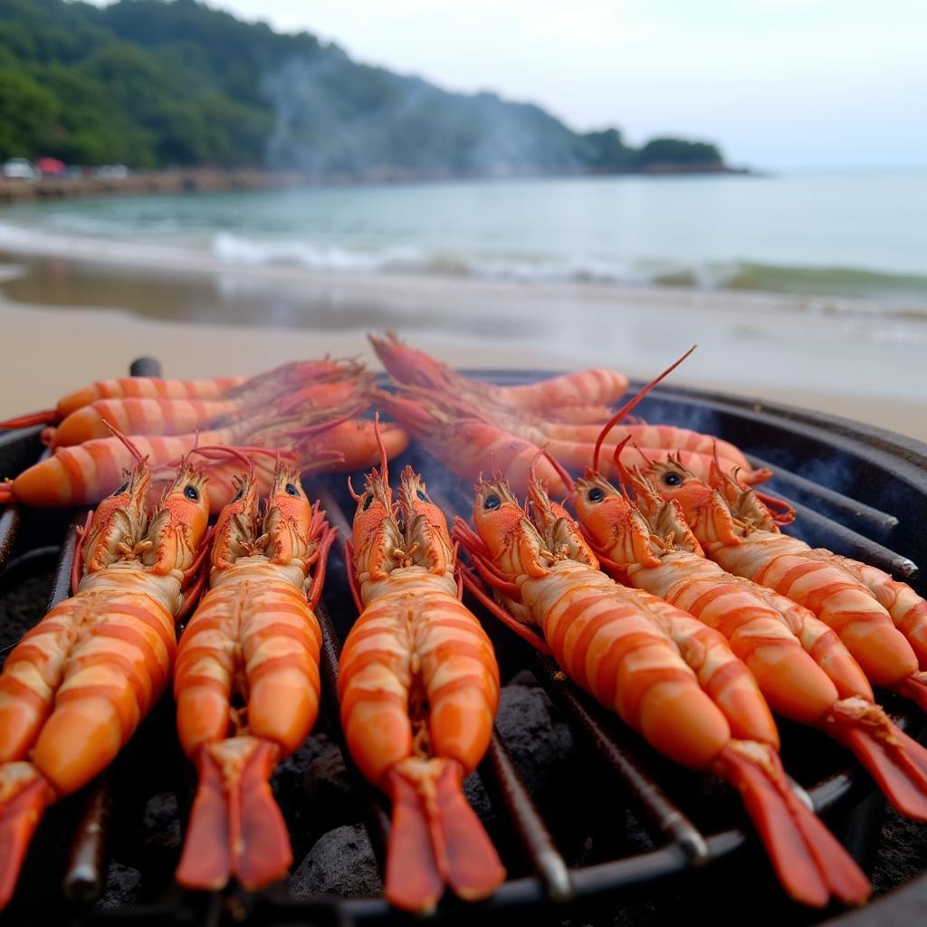 Grilled prawns sizzling on a barbecue in Vung Tau