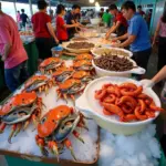 Fresh seafood on display at a bustling Vung Tau market