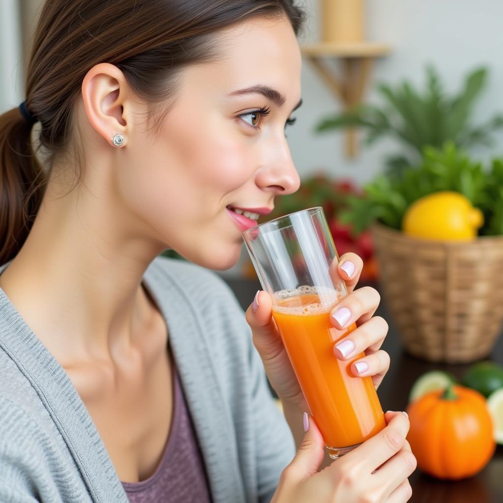 A woman drinks water during a detox diet.