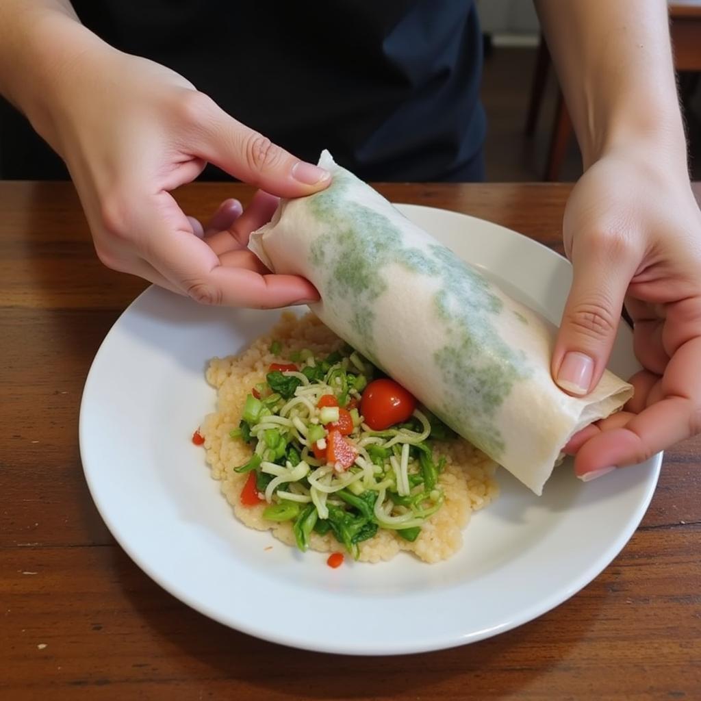 Wrapping Mực Nhúng Mẻ in Rice Paper